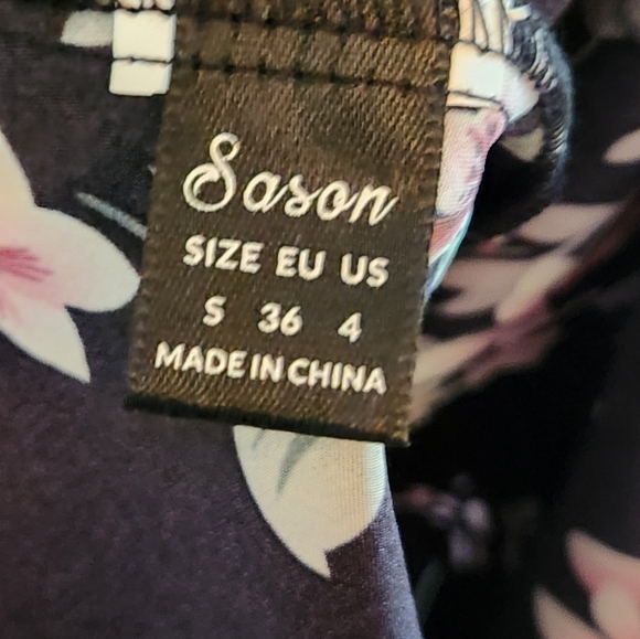 Sason Black Floral Mini Dress with Spaghetti Straps.  Size SP.  Tie front. - Picture 3 of 4